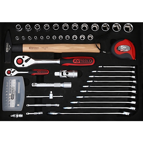 Werkzeugkasten, gefüllt mit verschiedenen Werkzeugen, darunter Hammer, Schraubenschlüssel, Steckschlüssel und ein Maßband.